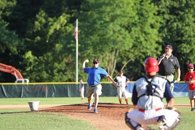 Mohawks Athletic Trainer Carla Pasquarelli throws out a first pitch on behalf of St. Mary's Healthcare